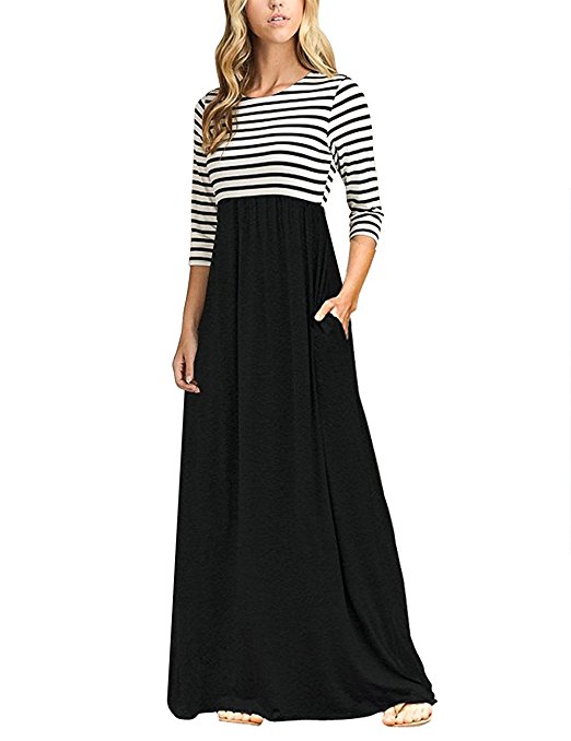 MEROKEETY Women's Striped Scoop Neck 3/4 Sleeve Casual Maxi Dress With Side Pockets