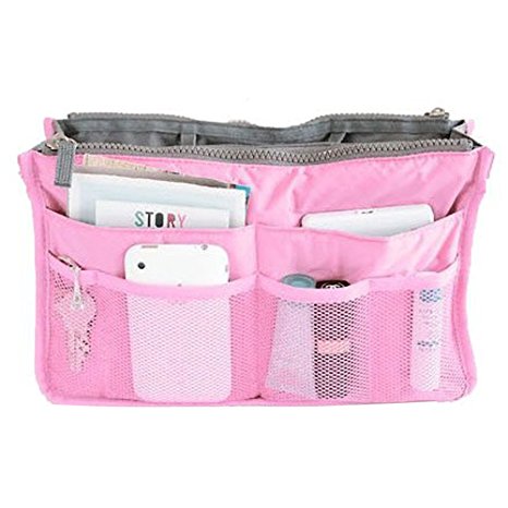 Hee Grand Women's Handbag Organiser Liner Tidy Travel Cosmetic Pocket Insert 12 Pockets Large Pink