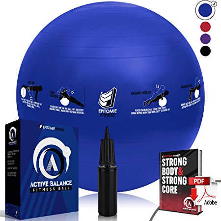 Active Balance Swiss Ball - Fitness Ball With Imprinted Exercises & Training eBook - Best Exercise Ball For Yoga, Stability Ball Workouts & Pilates