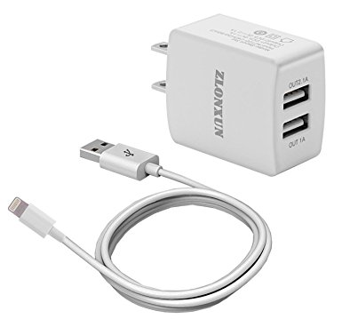 Travel charger:2 Port USB Wall Charger 3.1 Amp And Lightning to USB Cable for IPhone 6/6S Plus, 5/5S/SE/5C, IPad, IPod,more(White)