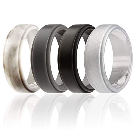 ROQ Silicone Wedding Ring for Men, 4 Packs & Singles Silicone Rubber Wedding Bands - Step Edge Sleek Design - Metallic, Black and Camo Colors