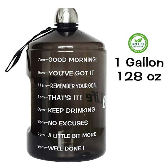 QuiFit 1 Gallon Water Bottle Reusable Leak-Proof Drinking Water Jug for Outdoor Camping BPA Free Plastic Sports Water Bottle with Daily Time Marked (128oz/73oz/43oz)