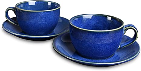 Bosmarlin Ceramic Coffee Cup Mug with Saucer Set of 2 for Latte, Cappuccino, Tea, 8.5 Oz, Dishwasher and Microwave Safe(Royal blue, 2)