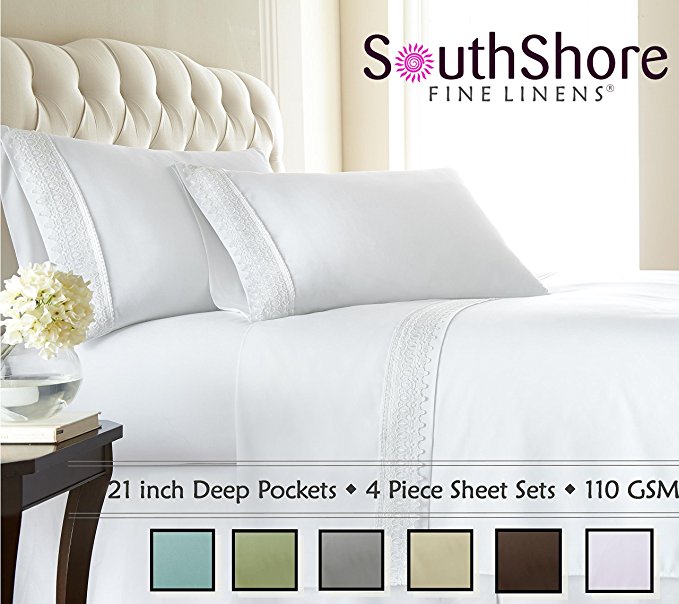 Southshore Fine Linens 4-piece 21 Inch Deep Pocket Sheet Set with Beautiful Lace - WHITE - Queen