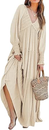 R.Vivimos Maxi Dress for Women Long Sleeve V Neck Empire Waist Layered Ruffle Boho Casual Flowy Long Dresses