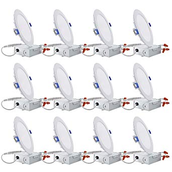 TORCHSTAR 12-Pack 12W 6 Inch Low Profile Ultra-Thin Recessed Ceiling Light with Junction Box, 2700K Soft White, LED Dimmable Can-Killer Downlight, 850lm 100W Eqv. ETL & Energy Star Certified