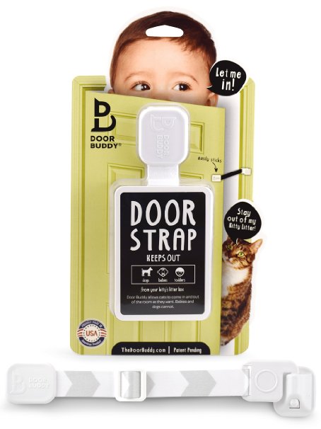 Door Buddy Child Proof Door Lock with Simple Latch and Adjustable Strap. Replaces Need for Inconvenient Baby Gate. Better way to Baby Proof Litter Box or any unwanted room. Cats Enter Easily. Installs in Seconds and is Easy and Convenient to Use. (Grey)