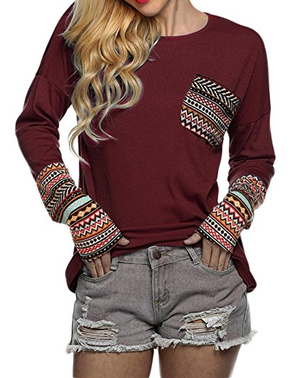 POGTMM Women's Long Sleeve O-Neck Patchwork Casual Loose T-Shirts Blouse Tops With Thumb Holes