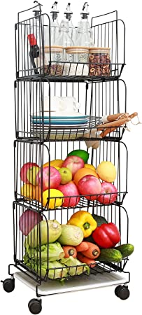 4-Tier Fruit Storage Basket for Kitchen, Ohuhu Stackable Metal Wire Storage Cart with Wheels and Tray Detachable Potato Onion Storage Bins Vegetable Food Organizer Baskets for Pantry Kitchen Counter