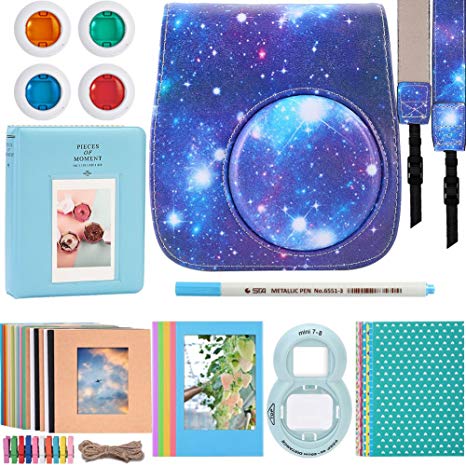 Katia Instant Camera Accessories Bundle Compatible for Fujifilm Instax Mini 9 / Mini 8 Instant Film Camera. Including Camera Case, Album, Frame, Stickers, Strap, Filters, Selfie Len, Pen - Galaxy