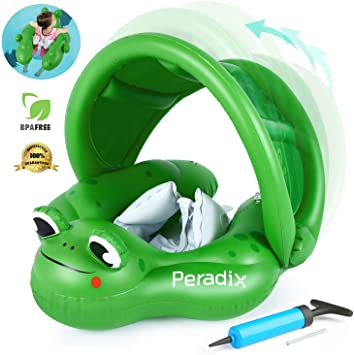 Peradix Baby Pool Inflatable Floats, Swimming Ring With Adjustable Sunshade/Waist Swim Boat Seat -Unique design Floats for 6-30 month Baby/Toddler/Kids- (Frog-with Manual pump and Repair Patch)