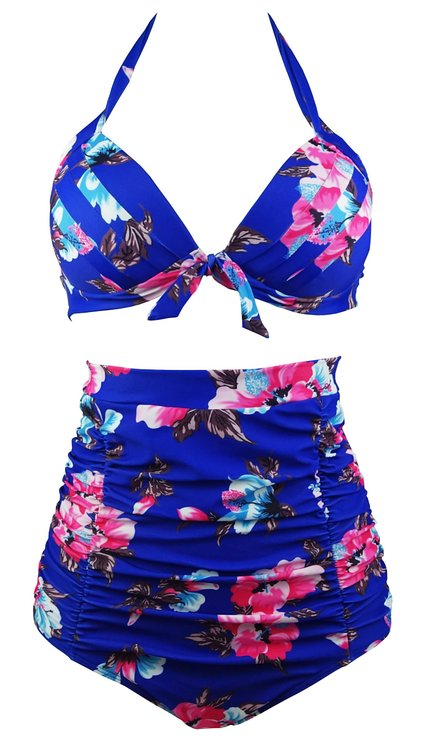 Cocoship Retro 50s Black Pink Blue Floral Halter High Waist Bikini Carnival Swimsuit(FBA)