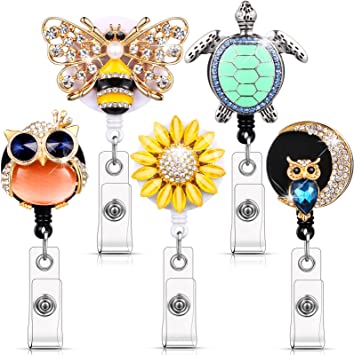 5 Pieces Crystal Badge Reels Retractable Rhinestone Badge Holder ID Name Badge Reels with Alligator Swivel ID Badge Clip for Teacher Worker Nurse Gift (Turtle, Bee, Owl, Flower)