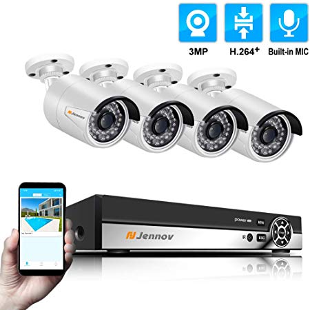 Jennov 4 Channel POE Security Camera System NVR Kits 3 MP True HD Bullet IP Camera Power Over Ethernet White Home Surveillance Outdoor IP66 Waterproof with Audio Recording Motion Detection Mobile View