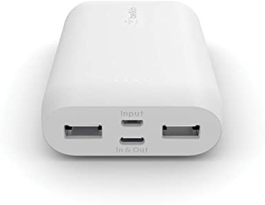 Belkin Portable Power Bank Charger 10K (Portable Charger Battery Pack w/USB-C   Dual USB Ports, 10000mAh Capacity) for iPhone, AirPods, iPad and More, White (F8J267btWHT)