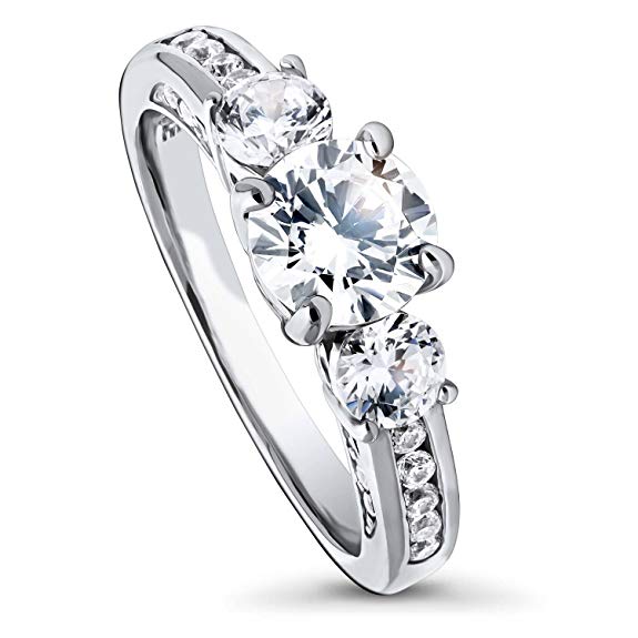 BERRICLE Rhodium Plated Sterling Silver Round Cut Cubic Zirconia CZ 3-Stone Promise Engagement Ring