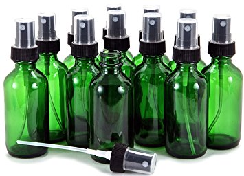 Vivaplex, 12, Green, 2 oz Glass Bottles, with Black Fine Mist Sprayers