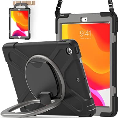 BATYUE iPad 8th/ 7th Generation Case, iPad 10.2 inch Case 2020/2019, Heavy Duty Rugged Kids Case with Screen Protector, Rotating Stand/Pencil Holder/Carrying Strap (Black Grey)