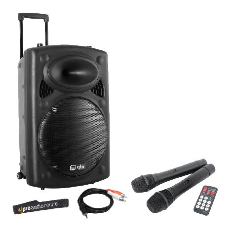 QTX QR12PA Portable PA System with Wireless Handheld Microphones, Battery Powered VHF Speaker and iPod Connection Cable