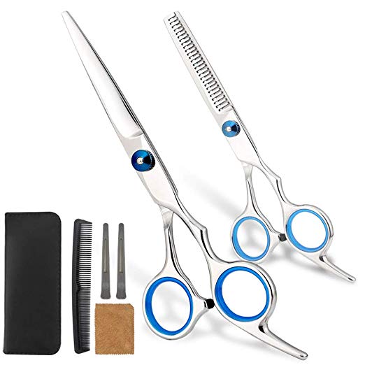 Hair Scissors 6 Pcs Professional Hair Cutting Scissors Set Haircutting Comb Hair Cutting Shears Barber Thinning Scissors Hairdressing Shears with Black Leather Case Hair Clips and Comb