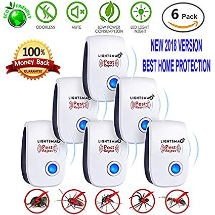 LIGHTSMAX (2018 UPGRADED) Pest Control Ultrasonic Repeller for Mosquitoes, Mice, Ants, Roaches, Spiders, Bugs, Flies, Insects, Rodents, Pest Control Ultrasonic Repeller Safe for Human & Pets (6 Pack)