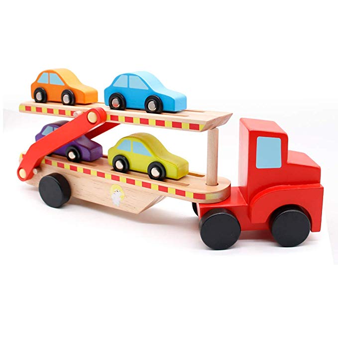 yoptote Wooden Double Decker Trailer Carrier Truck Model Car Transporter Toy Set with 4 Cars Vehicle Toys Present for Kids Age 3 4 5