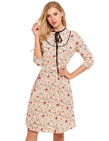 Beyove Women's Floral 3/4 Sleeve Lace Up Fit and Flare Print Dress