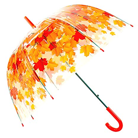 Kung Fu Smith Clear Bubble Umbrella, Windproof Dome Shape Plastic Rain Umbrella for Kids Girls, Red Leaves & Auto Open