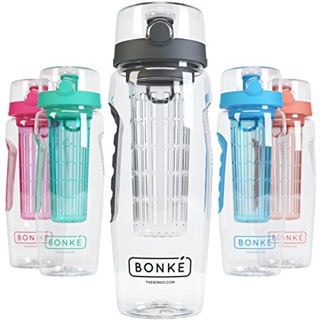 Bonke Fruit Infuser Water Bottle - Free Infused Water Ebook and Cleaning Brush - 3 in 1 - Large 1 litre - BPA Free Plastic & Eco Friendly Rubber Grip with Extra Safe Locking System Prevents Spills & Leaks