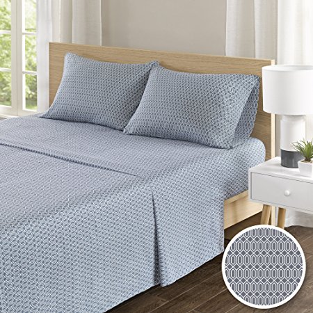 Comfort Spaces -Hypoallergenic Printed Diamond Pattern 100% Cotton Sheet Set - 4 Piece - Blue - Queen Size - Includes 1 Fitted Sheet, 1 Flat Sheet and 2 Pillow Cases