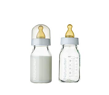Natursutten Anti-Colic 4 oz Glass Baby Bottles with Newborn/Slow Flow Natural Rubber/Latex Nipples, 2 Pack. Borosilicate Glass Made in France. Natural Rubber Made in Italy.