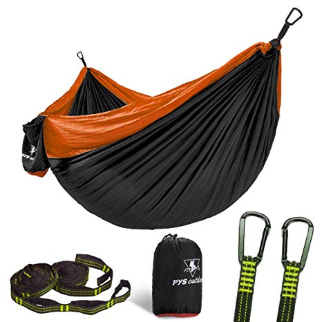 pys Camping Hammock Parachute Nylon Single Hammock with Tree Straps with Max 1000 lbs Breaking Capacity,Lightweight Carabiners Included for Backpacking or Travel (Black   Yellow)