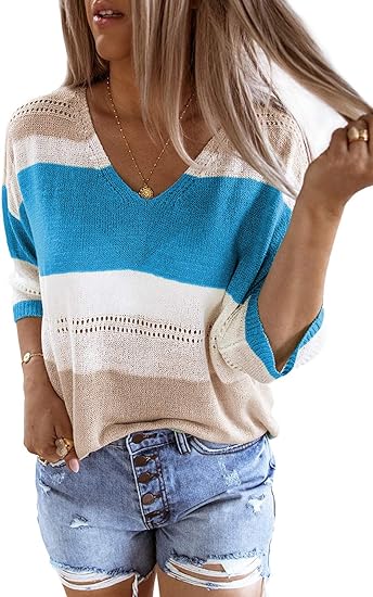 Dokotoo Womens 2024 Cute Summer Fall Color Block Striped Lightweight Comfy Cable Knit Beach Pullover Sweaters