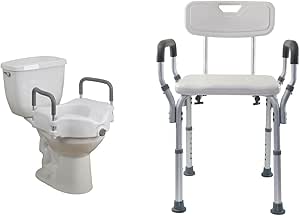 Drive Medical 2-in-1 Toilet Seat with Arms and Essential Supply Height Adjustable Shower Bench with Padded Arms