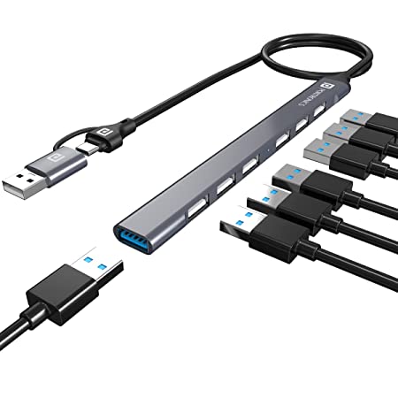 Portronics Mport 7 Multiport 7-in-1 USB Hub with Convertible Heads, Compatible for Laptop, MacBook & Type-C Devices with The Transfer Speed of USB 3.0 & USB 2.0(Grey)