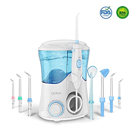 Dental Water Flosser for Teeth and Braces with 8 Multifunctional Tips, Apiker 600ml Capacity Oral Irrigator with 10 Water Pressure Settings for Family, FDA Approved (White)