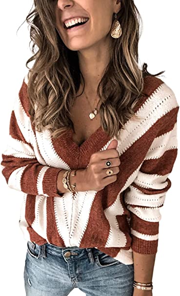 Asvivid Color Block Striped V Neck Sweater for Women Long Sleeve Knit Pullover Jumper Tops