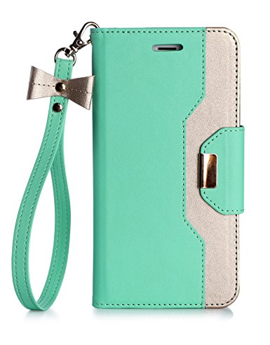 iPhone 7 Case, FYY [RFID Blocking wallet] [Makeup Mirror] Premium PU Leather iPhone 7 Wallet Case with Cosmetic Mirror and Bow-knot Strap Mint Green Gold