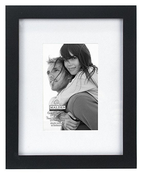 Malden International Designs Matted Linear Classic Wood Picture Frame, Black ( 4x6-Inches  )