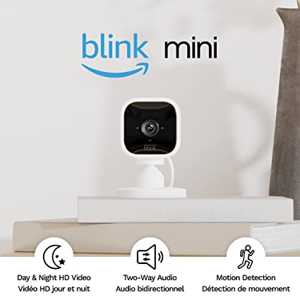 Blink Mini – Compact indoor plug-in smart security camera, 1080p HD video, night vision, motion detection, two-way audio, easy set up, Works with Alexa – 3 cameras (White)