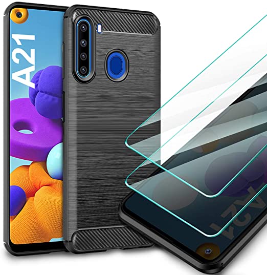 TUTUWEN Samsung Galaxy A21 Phone Case, Galaxy A21 Shockproof Case with Screen Protector Tempered Glass [2 Pack] Soft TPU Heavy Duty Protective Case Cover for Samsung A21 2020 (Black)