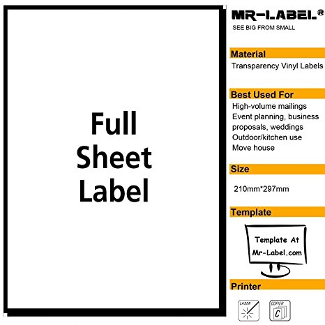 Mr-Label® Extra Large Clear Full-Sheet Strong Adhesive Labels -Transparent Tear-Resistant Waterproof Stickers for Kitchen Use | Manufacturing and Storage - Laser Print Only (25 Sheets)