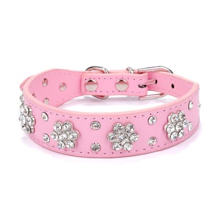 Gimilife Pet Collars 2 Rows Rhinestone Bling Flower Studded PU Leather Dog Collar for Small or Medium Dogs