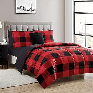 7 Piece Comforter Set Bag Solid Color All Season Soft Down Alternative Blanket & Luxurious Microfiber Bed Sheets, Queen, Buffalo Plaid Burgundy/Black/Black Sheet