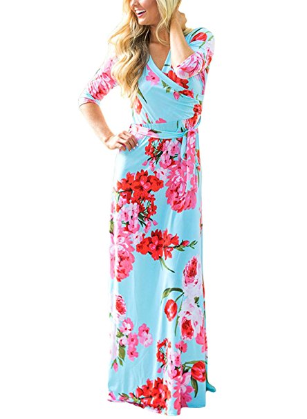 Dokotoo Womens Summer Floral Print Faux Wrap Maxi Long Dresses with Belt