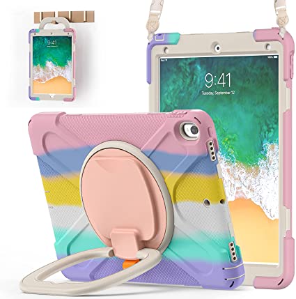 BATYUE iPad Pro 10.5 Case 2017 Released/ iPad Air 3rd Generation Case 2019 Release; Rugged Heavy Duty Protective Cover with Pencil Holder, 360° Swivel Stand, Shoulder Strap; for Kids (Colourful Pink)