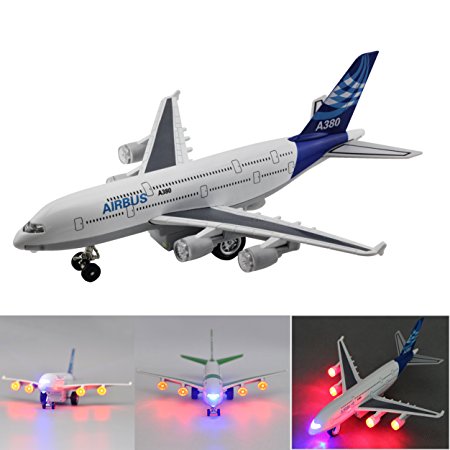 Moleya Kids Toy Plane 7.8 Inch Airbus Emirates A380 Airplane Baby Pull Back Electric Models Planes with Lights and Sounds(Blue)
