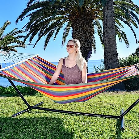 Sterling Sports Hammock for 2 Persons, 5ft Wide 420 lbs Capacity, Wooden Spreader for Outdoor Patio Yard Poolside, Tropical Trail
