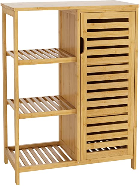 HOMECHO Bathroom Storage Cabinet, Side Floor Cabinet with 3 Open Shelves and Door, Bamboo Accent Cabinet Cupboard for Living Room, Kitchen, Hallway, Natural