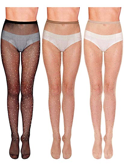 3 Pieces Rhinestone Fishnet Stockings Fishnet Tights Glitter Pantyhose High Waist Mesh Stockings for Women